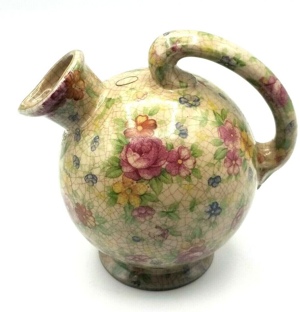 Vintage Floral Oil Bottle Handpainted Pottery Gilt Trim Japan 5x4.5" MM Studio